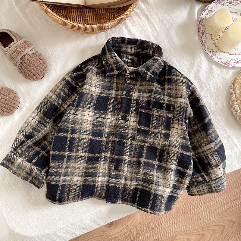 外套男女宝宝休闲呢格子宽松衬衣