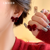 S925纯银法式 高级感红色丝绒蝴蝶结耳钉女甜美耳环新年秋冬耳饰