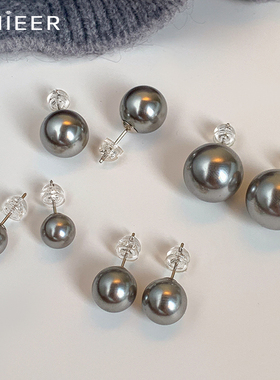 999纯银针施家灰色珍珠耳钉女真多麻轻奢高级感气质耳环复古耳饰