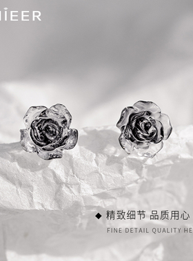 999纯银黑色玫瑰花耳钉2025年新款爆款女花朵耳环高级感小众耳饰
