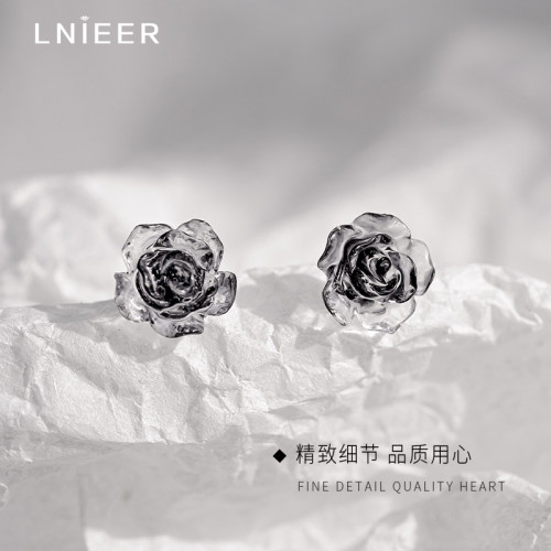 LNIEER999纯银针玫瑰花朵耳钉女