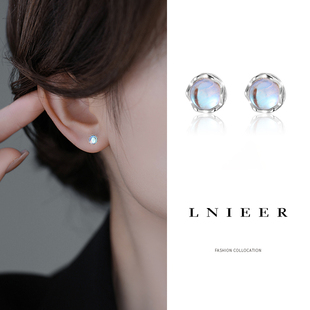 925纯银月光石耳钉女小众设计感养耳洞耳环2026年新款 耳骨钉耳饰
