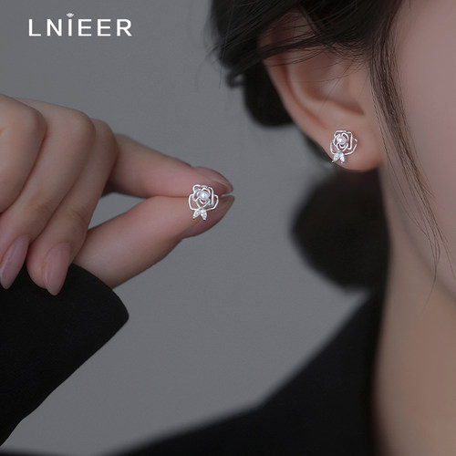 LNIEER足银999山茶花珍珠耳钉女