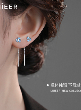 999纯银蓝色鸢尾花耳线女2025新款设计感三叶花耳环气质耳钉耳饰