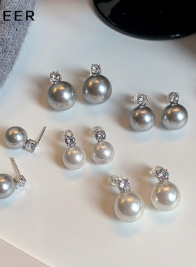 施家珍珠耳钉女真多麻灰色2025新款戴妃同款999纯银耳环爆款耳饰