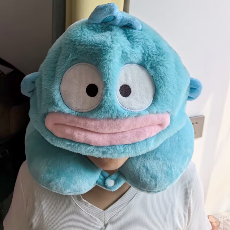 保暖帽子u型枕动漫卡通鱼怪连帽午睡神器旅行毛绒枕冬天帽子