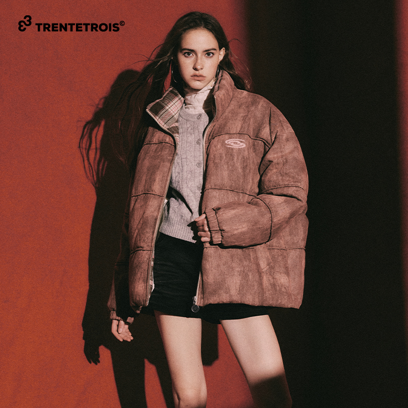 33潮牌美式复古立领羽绒服炒色牛仔面料宽松廓形保暖外套