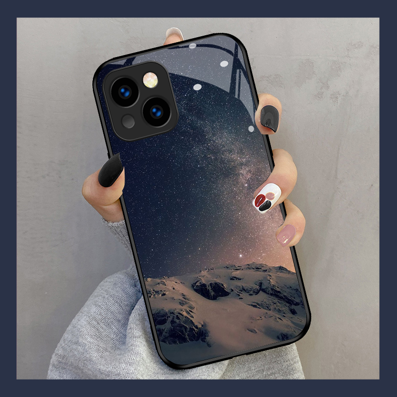 雪山蓝星空适用iPhone14手机壳新款苹果13高级12玻璃mini男女8plus硅胶7防摔xs max时尚x简约ins