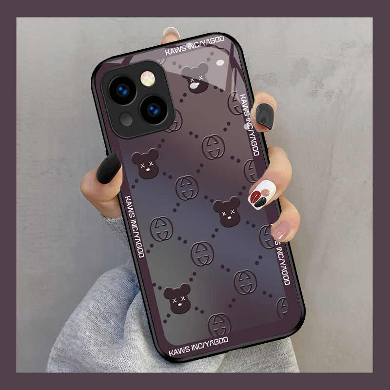潮牌暗紫色熊头适用苹果16Promax手机壳iPhone15新款12mini女11情侣xr网红高端x玻璃男8plus硅胶