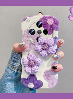 ins风紫色油画花朵适用oppok12s手机壳k11x秋冬findx8s+毛绒x7ultra针织6带k9爱心k10pro手环realmex2十oppo