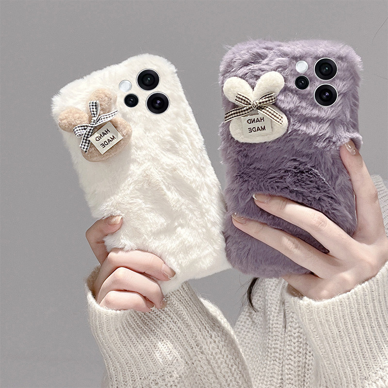 手机壳秋冬毛绒可爱卡通蝴蝶结兔子