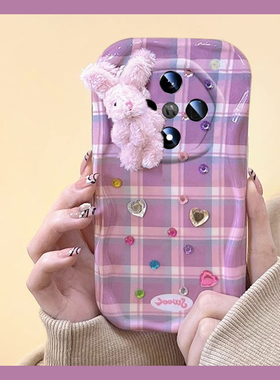秋冬毛绒兔子适用oppok13turbopro手机壳findx8s+紫色x7ultra格纹k12x立体k9s爱心r15钻石r17卡通k11十oppo女
