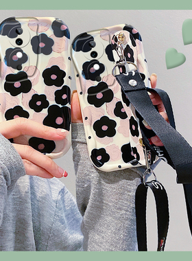 ins风黑白色花朵适用vivos19手机壳s19pro带腕带s18韩系s18por波浪纹s18e可斜挎vivo背带vivis可背vovos斜背p