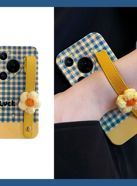 ins风适用华为pura80手机壳p70ultra蓝色pure70art格纹p60立体p50e针织p40pro+花朵p30腕带p20手绳p10十新款p