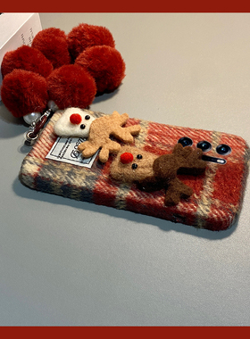 毛绒格子麋鹿适用oppofindn5手机壳findn2红色findn2flip圣诞带findn3挂链n3flip折叠屏oppo秋冬绒布卡通硬壳