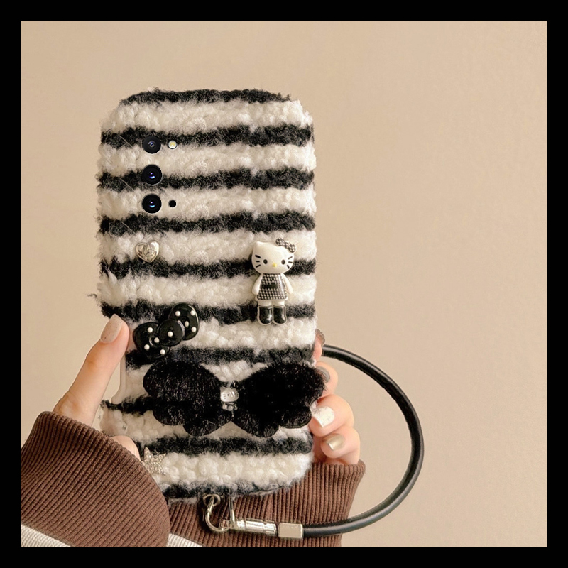 手机壳秋冬毛绒条纹卡通KT猫凯蒂猫带皮绳