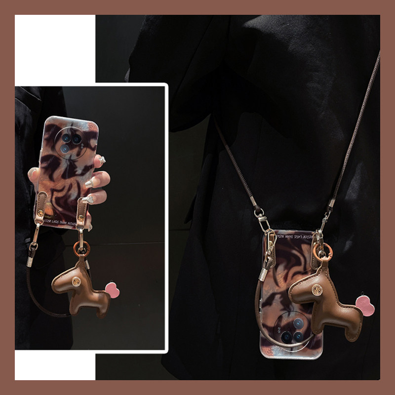 手机壳棕色豹纹带皮质木马挂件手提绳斜跨绳