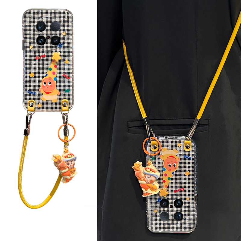 手机壳硅胶拼色格子卡通立体星星人带手提绳