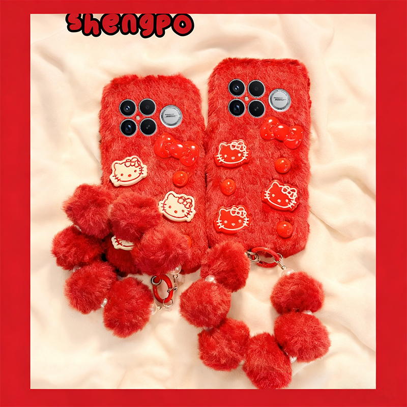 手机壳秋冬毛绒红色立体卡通KT猫凯蒂猫手链