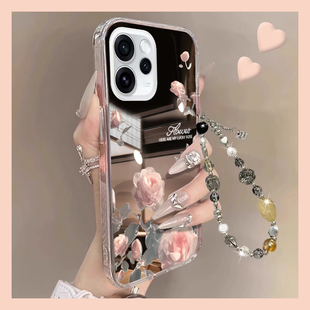 适用opporeno15手机壳reno15pro镜面por玫瑰reon带手链oppo手绳镜子韩系少女花朵0ppo补妆镜新款全包防摔硅胶