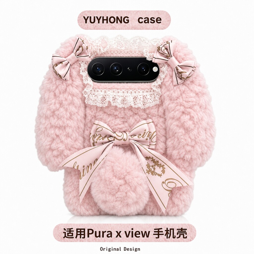 粉色兔子蝴蝶结毛绒绒适用华为puraxview手机壳新款阔直板puraxmax典藏版Purax可爱毛茸茸max折叠屏xview秋冬