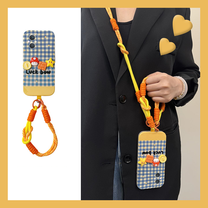 手机壳格子立体卡通星星金币蘑菇带斜跨挂绳