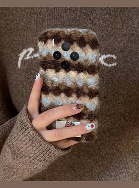 秋冬蓝棕条纹适用vivox300pro手机壳x200ultra毛绒kt猫x100spro贴纸x90s可爱x9plus凯蒂猫x21i绒布x60女vivo