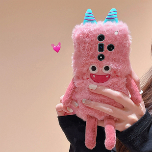 毛绒刺绣小怪兽适用oppok13s手机壳k13turbopro秋冬k12plus毛茸茸k11x卡通findx8s+可爱x7ultra粉色k9s十oppo