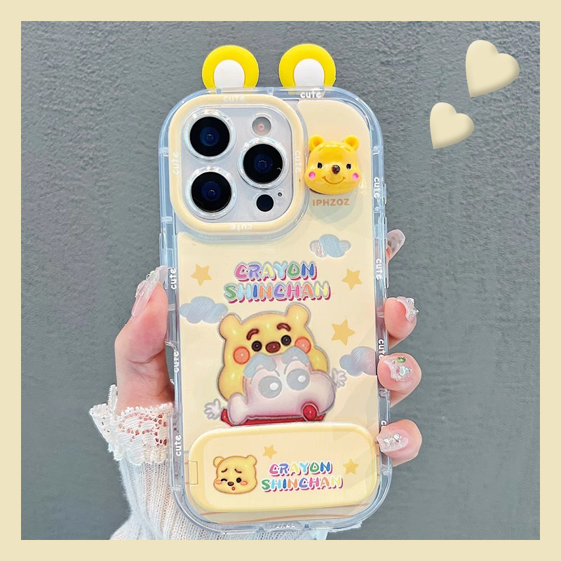 手机壳立体维尼熊蜡笔小新带耳朵镜子支架