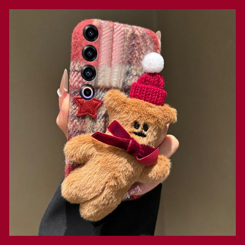 手机壳秋冬绒布立体卡通毛茸茸圣诞帽子小熊