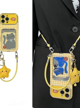 格子猫咪卡包适用opporeno14手机壳reno13卡通reon12镜面11带a58x挂件a57斜挎真我q5i挂绳v23仿皮oppo女0pp0