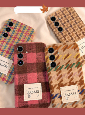 彩色格子千鸟格适用三星s25ultra手机壳s25+秋冬s25plus绒布s25fe毛绒s24ultra韩系s23+十galaxy冬季绒毛保暖