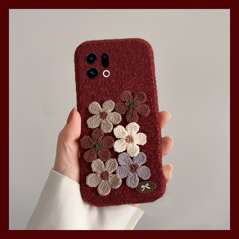 手机壳秋冬绒布红色酒红立体ins风花朵