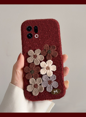 ins风酒红花朵适用oppofindx9plus手机壳findx8s+秋冬x7ultra立体k13s毛绒k13turbopro复古k12x高级感十0pp0
