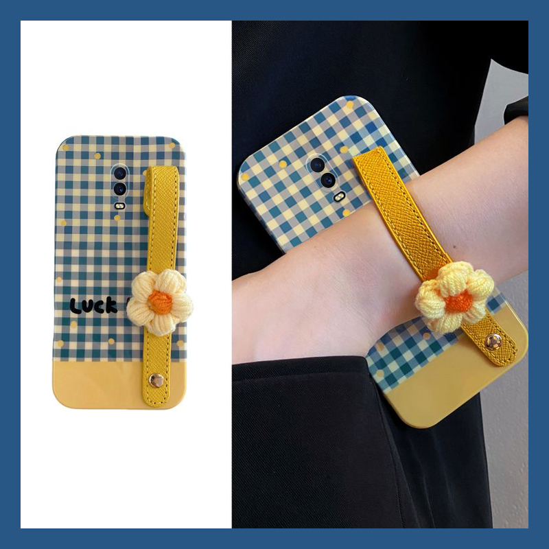 手机壳硅胶蓝色格子针织花朵手绳腕带