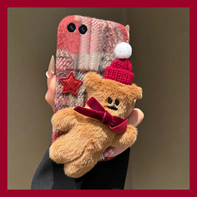 手机壳秋冬绒布立体卡通毛茸茸圣诞帽子小熊