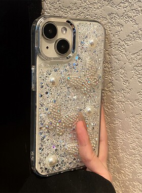 滴胶蝴蝶结珍珠水钻适用苹果17手机壳iPhone16promax立体15pro钻石14plus带13挂链12闪粉11亮片se3女air/xr/8