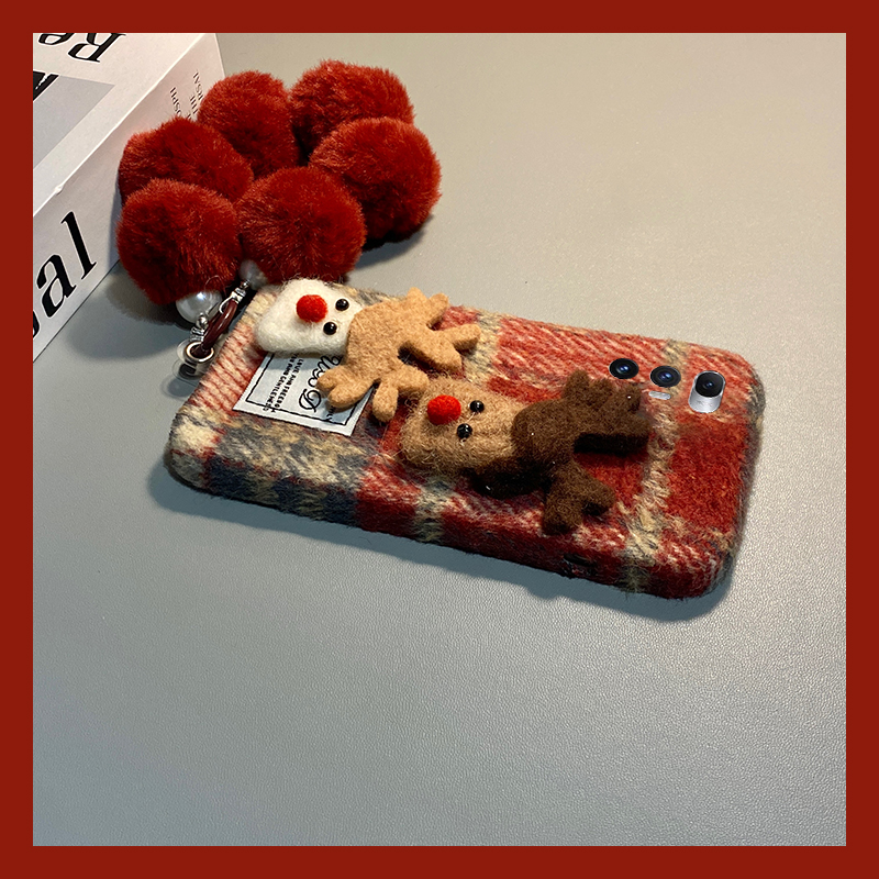 手机壳秋冬绒布红色格子卡通圣诞麋鹿带手链