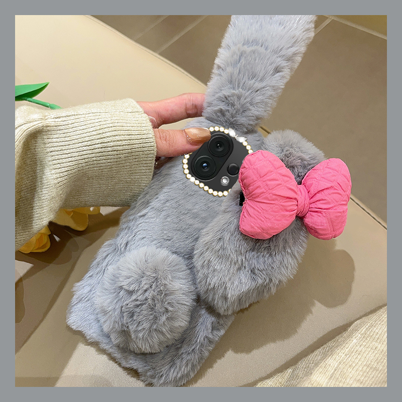手机壳秋冬毛绒立体卡通蝴蝶结兔子耳朵