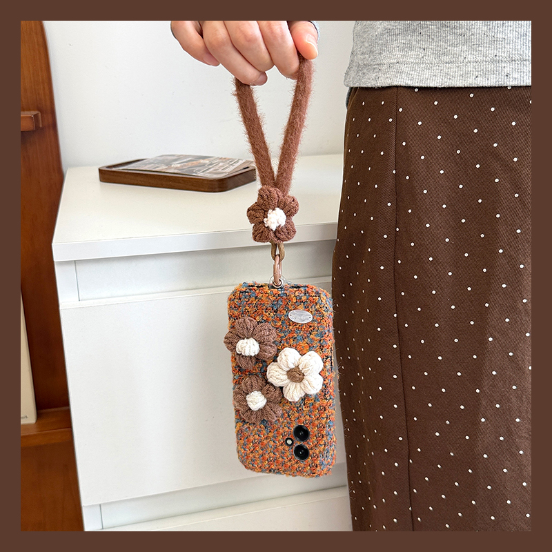 手机壳秋冬拼色撞色绒布立体针织花朵尼龙绳