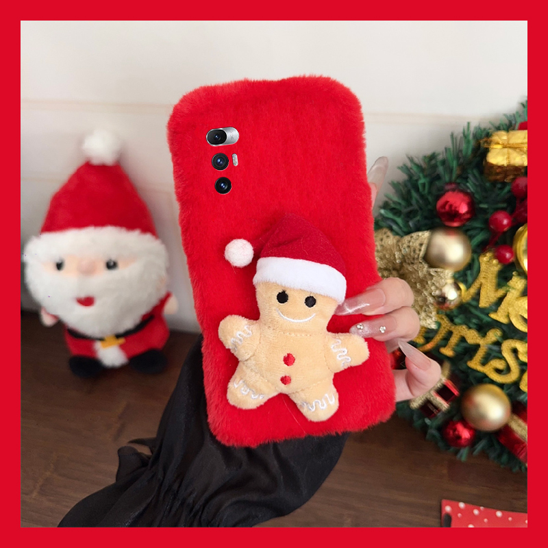 手机壳秋冬毛绒红色卡通圣诞帽子姜饼人