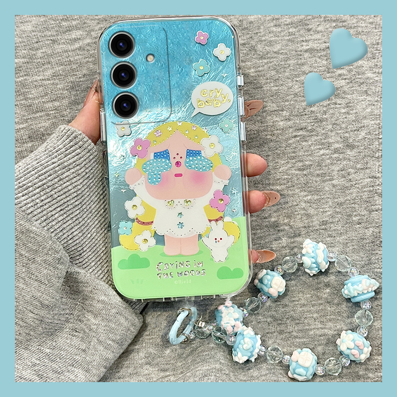 手机壳冰川纹卡通丑萌绿色哭娃兔子带手链