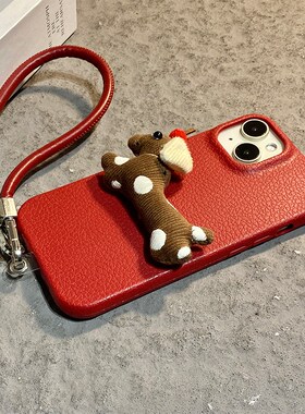 波点腊肠狗适用小米红米note15pro+手机壳noto14秋冬13毛绒12turbo带11t挂绳10por卡通新年5g十redmi红色仿皮