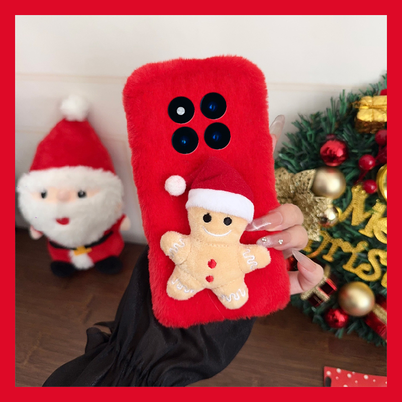 手机壳秋冬毛绒红色卡通圣诞帽子姜饼人