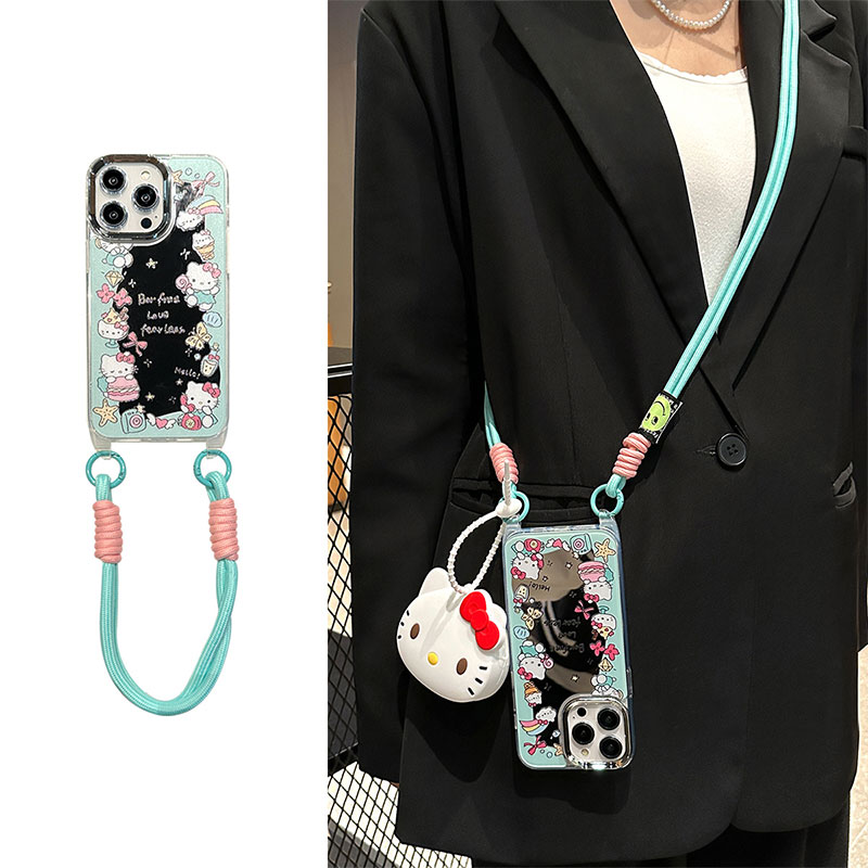 手机壳镜面卡通KT猫带公仔手提绳斜跨挂绳