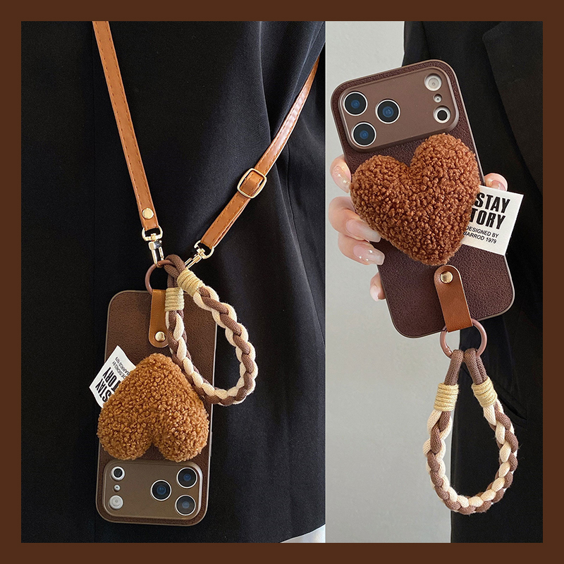 手机壳硅胶月坑纹秋冬毛绒爱心支架斜跨挂绳