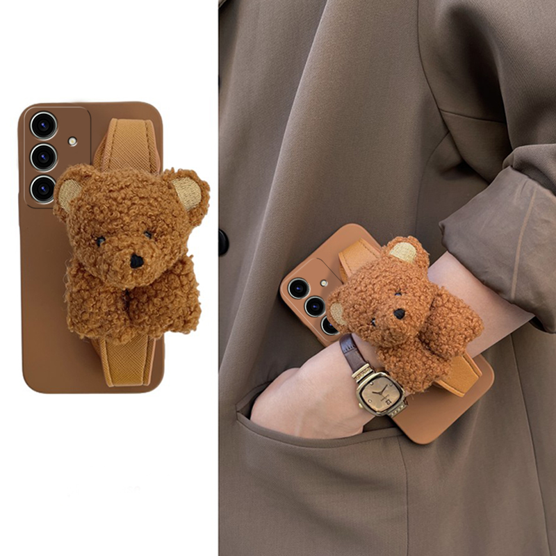 手机壳秋冬立体卡通毛绒小熊带腕带斜跨挂绳