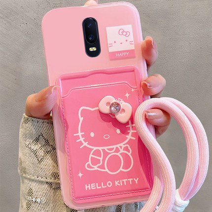 适用oppor17手机壳r15立体r11蝴蝶结r9s凯蒂猫r11s卡套r15x梦境版r17pro插卡r9plus卡包k1一体r7s手腕oppo女p