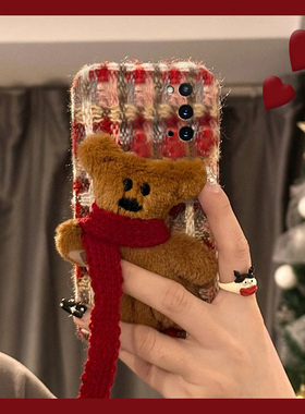 绒布红色格子适用三星a53手机壳f52秋冬a8s毛绒a71卡通a51立体a31小熊a90毛茸茸a70s新款a50s硅胶a80a60a30女