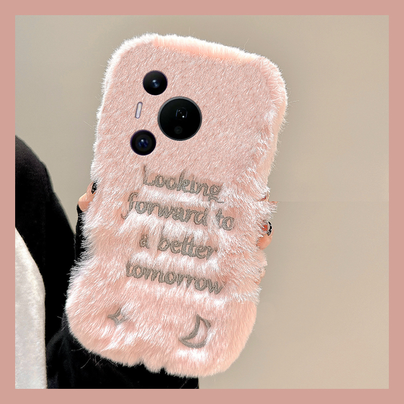 手机壳秋冬毛绒ins风刺绣英文字母月亮